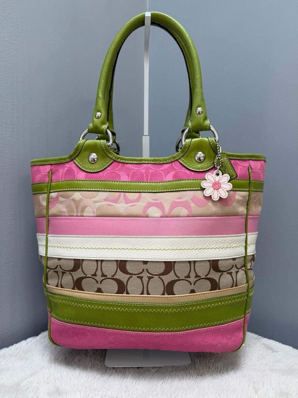 Coach Signature Bleecker Striped Canvas Leather Tote Handbag Pink Green F14725